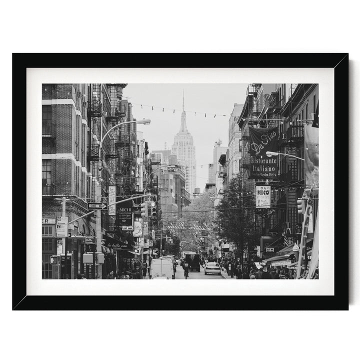 Little Italy and Empire State Building, New York City – B&amp;W print in a black frame with white mat