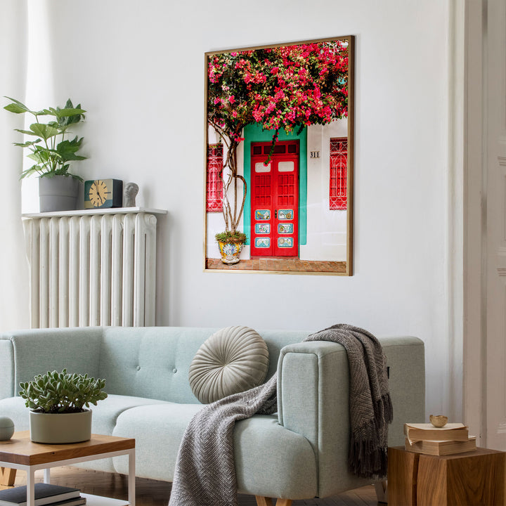 Bougainvillea and Red Door, Olinda, Brazil wall art mockup in an interior