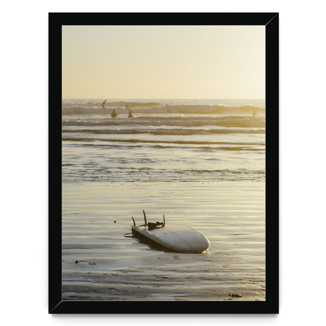 Surfboard at Sunset, Costa Rica print in a black frame without mat
