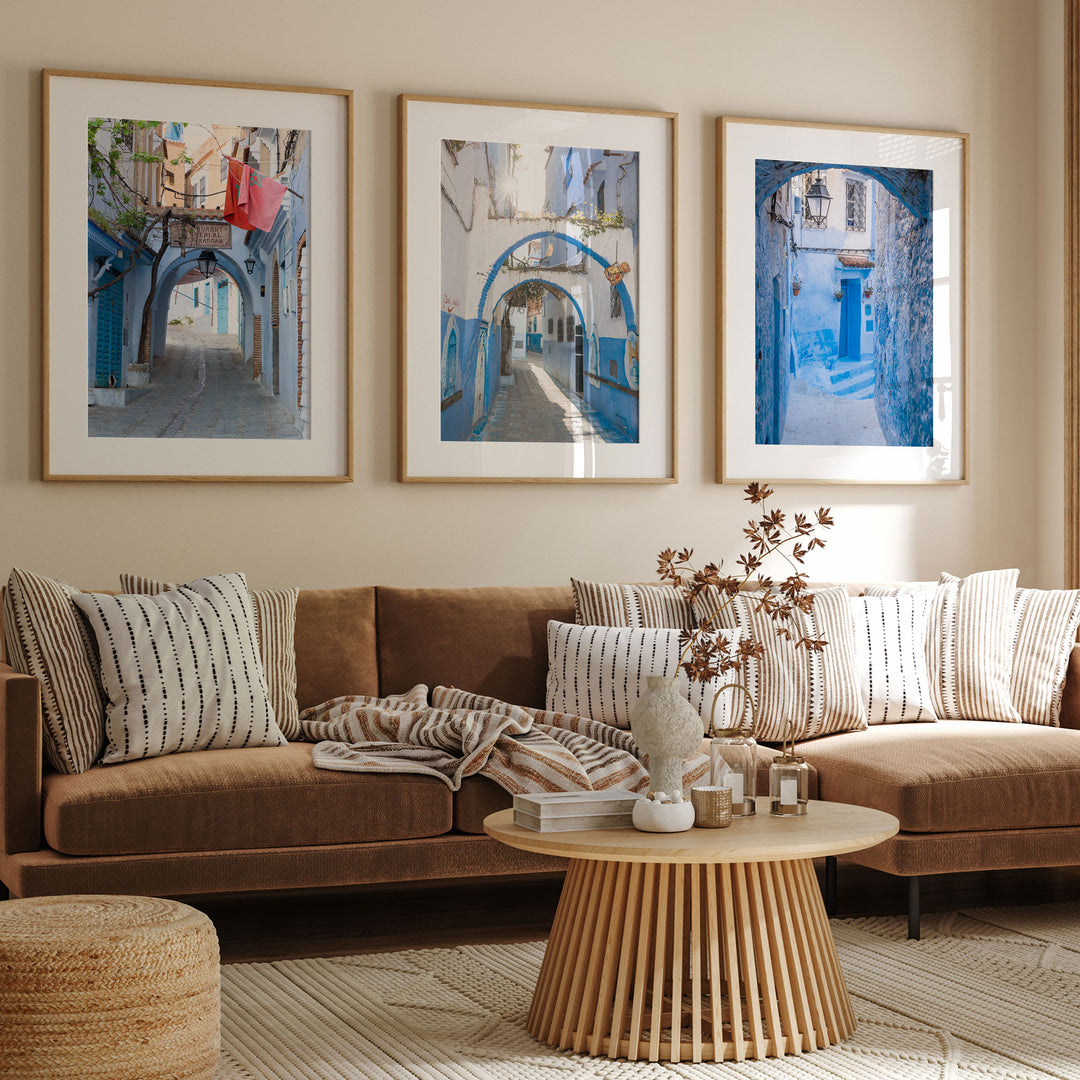 Blue City of Chefchaouen, Morocco print set of 3 gallery wall in a living room