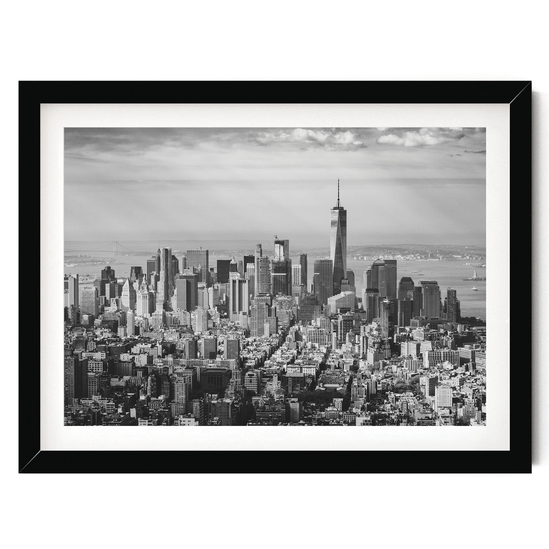 Manhattan Skyline from Above, New York City – B&amp;W print in a black frame with white mat