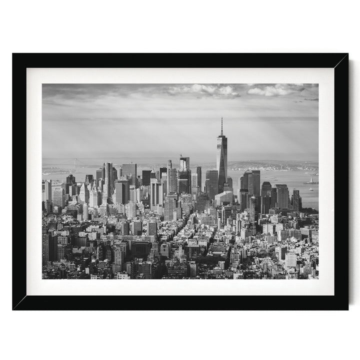 Manhattan Skyline from Above, New York City – B&amp;W print in a black frame with white mat