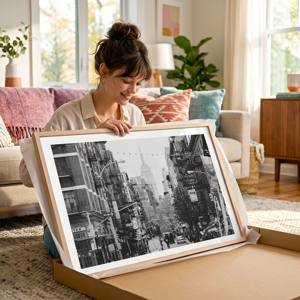 Little Italy and Empire State Building, New York City – B&W framed photography print in a lifestyle setting