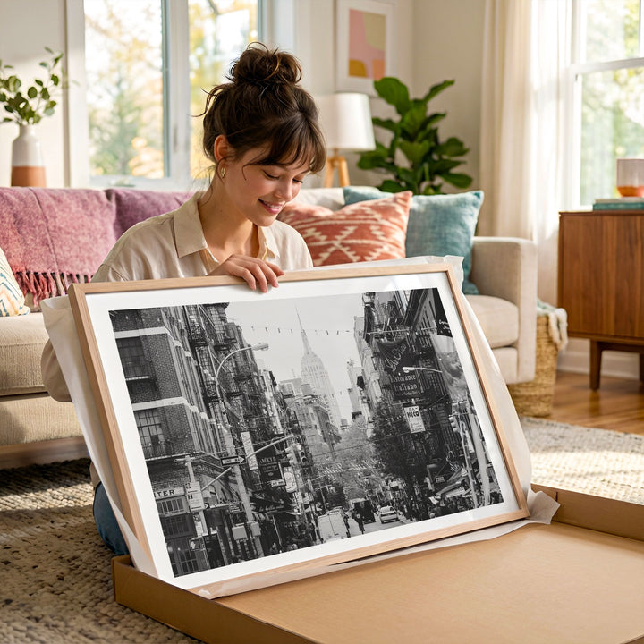 Little Italy and Empire State Building, New York City – B&amp;W framed photography print in a lifestyle setting