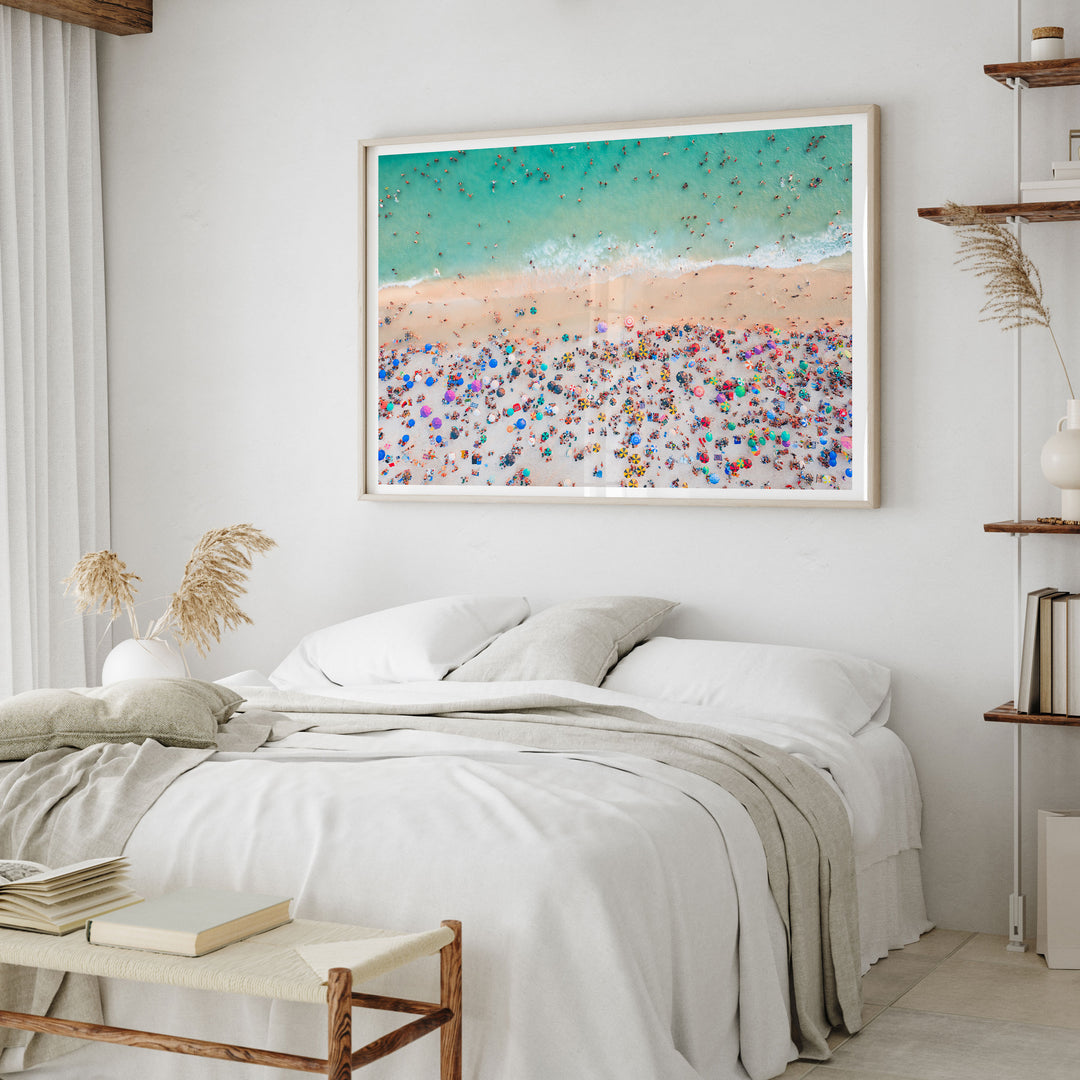 Beach Umbrellas from Above, Ipanema, Rio de Janeiro, Brazil wall art displayed in a room setting