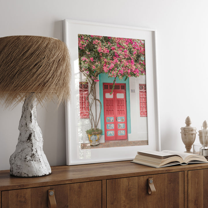 Bougainvillea and Red Door, Olinda, Brazil print displayed in a bedroom setting