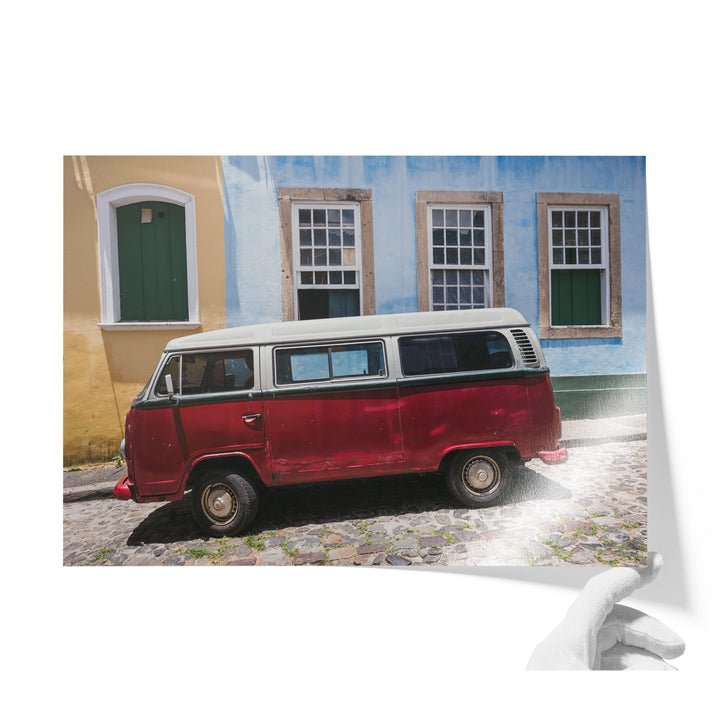 Red Kombi Van, Pelourinho, Salvador, Brazil unframed print on lustre photo paper