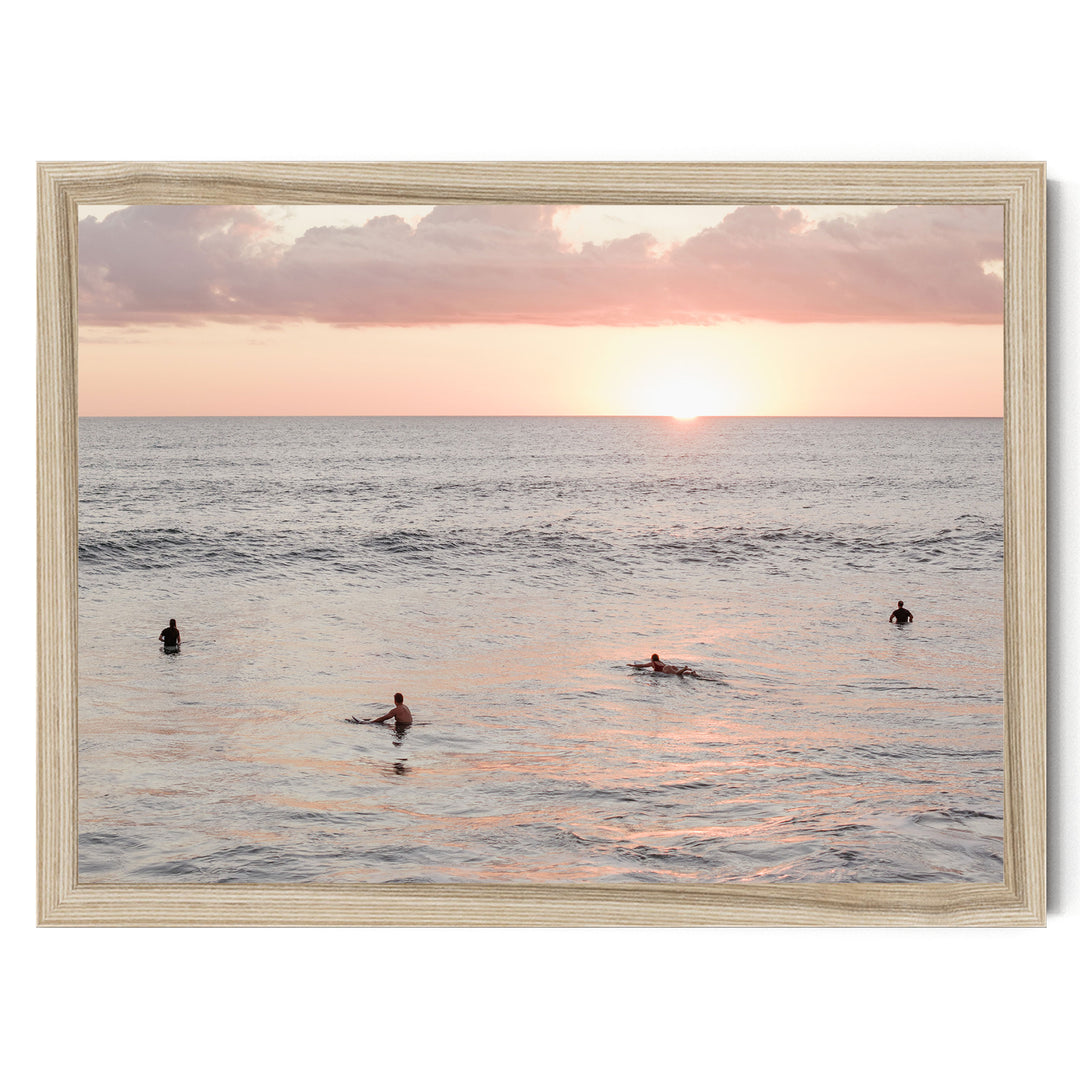 Surfers Waiting at Sunset, Costa Rica print in a natural wood frame without mat