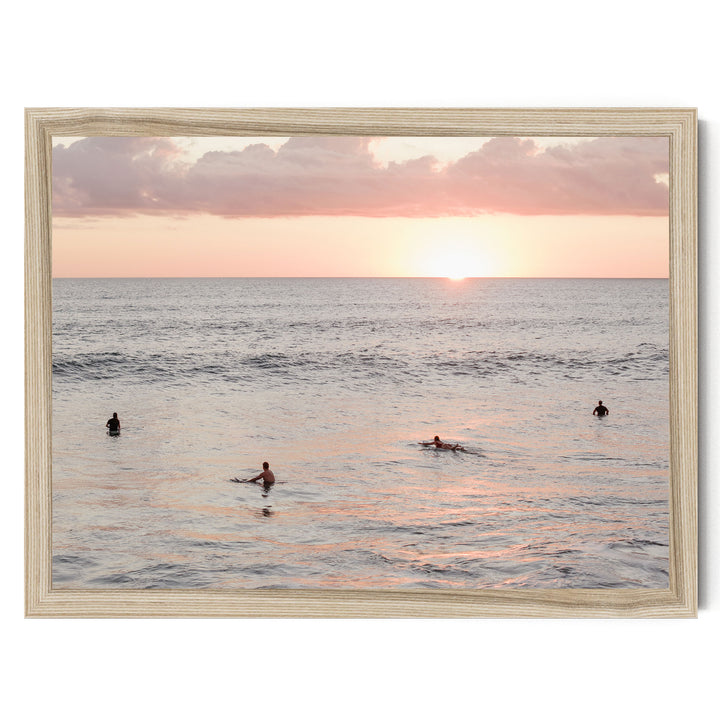 Surfers Waiting at Sunset, Costa Rica print in a natural wood frame without mat