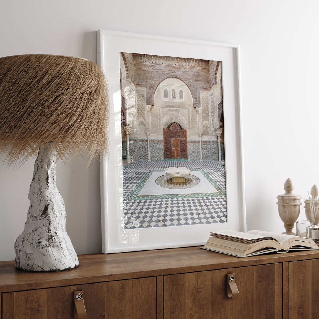 Madrasa Courtyard, Fes, Morocco print displayed in a bedroom setting