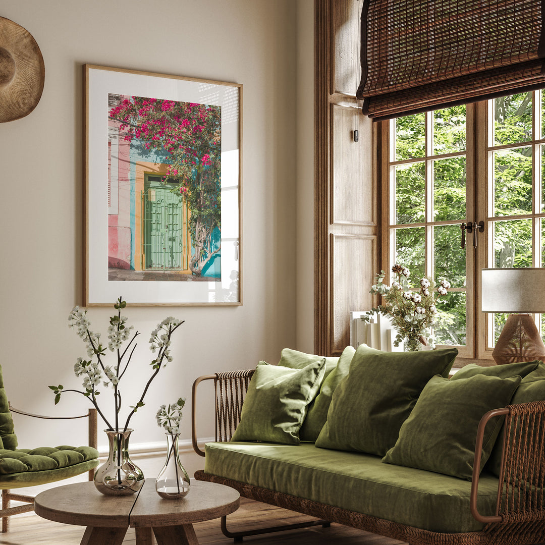 Bougainvillea and Green Door I, Olinda, Brazil wall art displayed in a room setting