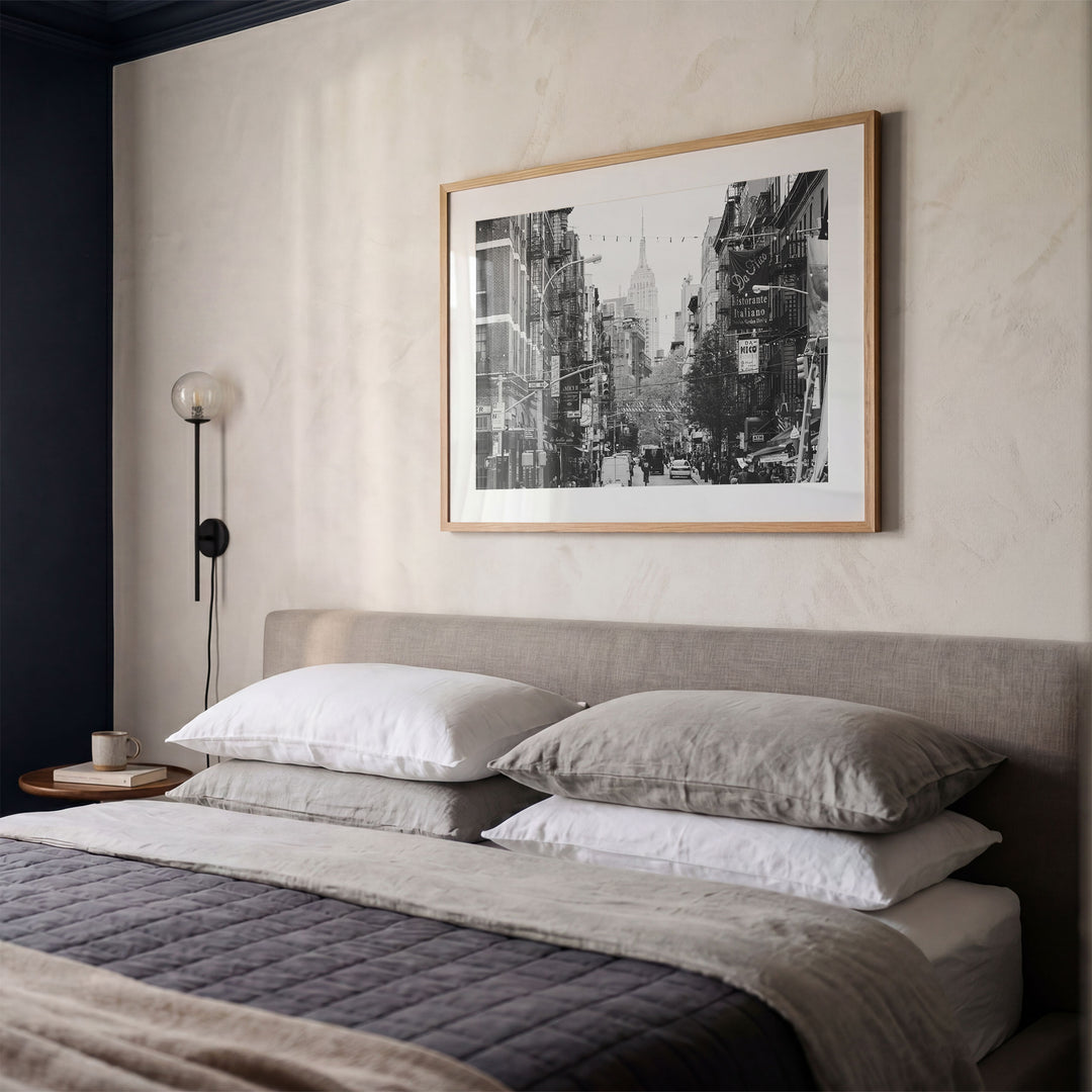 Little Italy and Empire State Building, New York City – B&amp;W framed print styled on the wall
