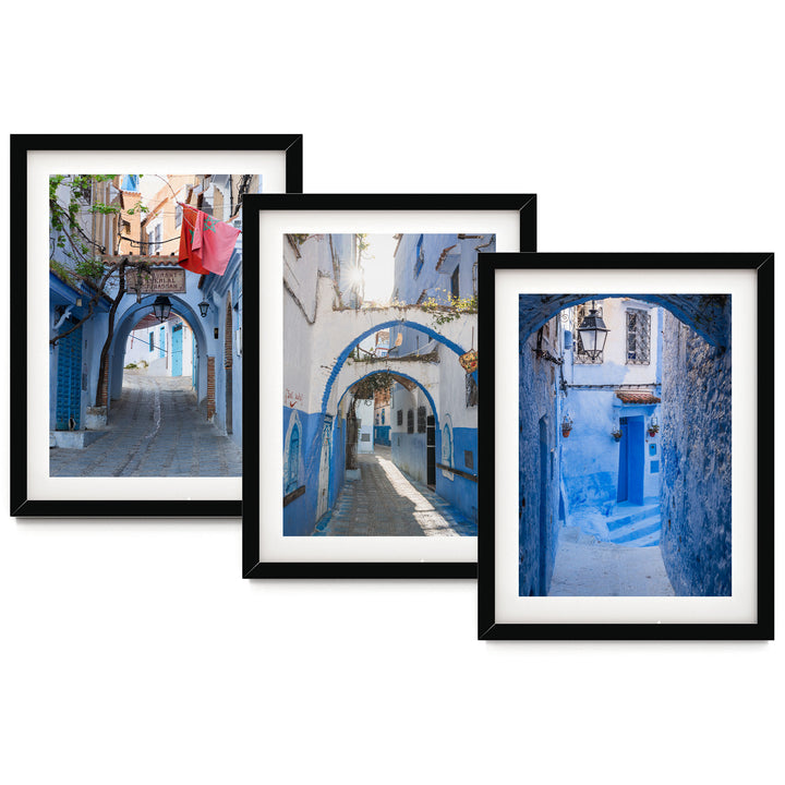 Blue City of Chefchaouen, Morocco print set of 3 in black frames with white mat
