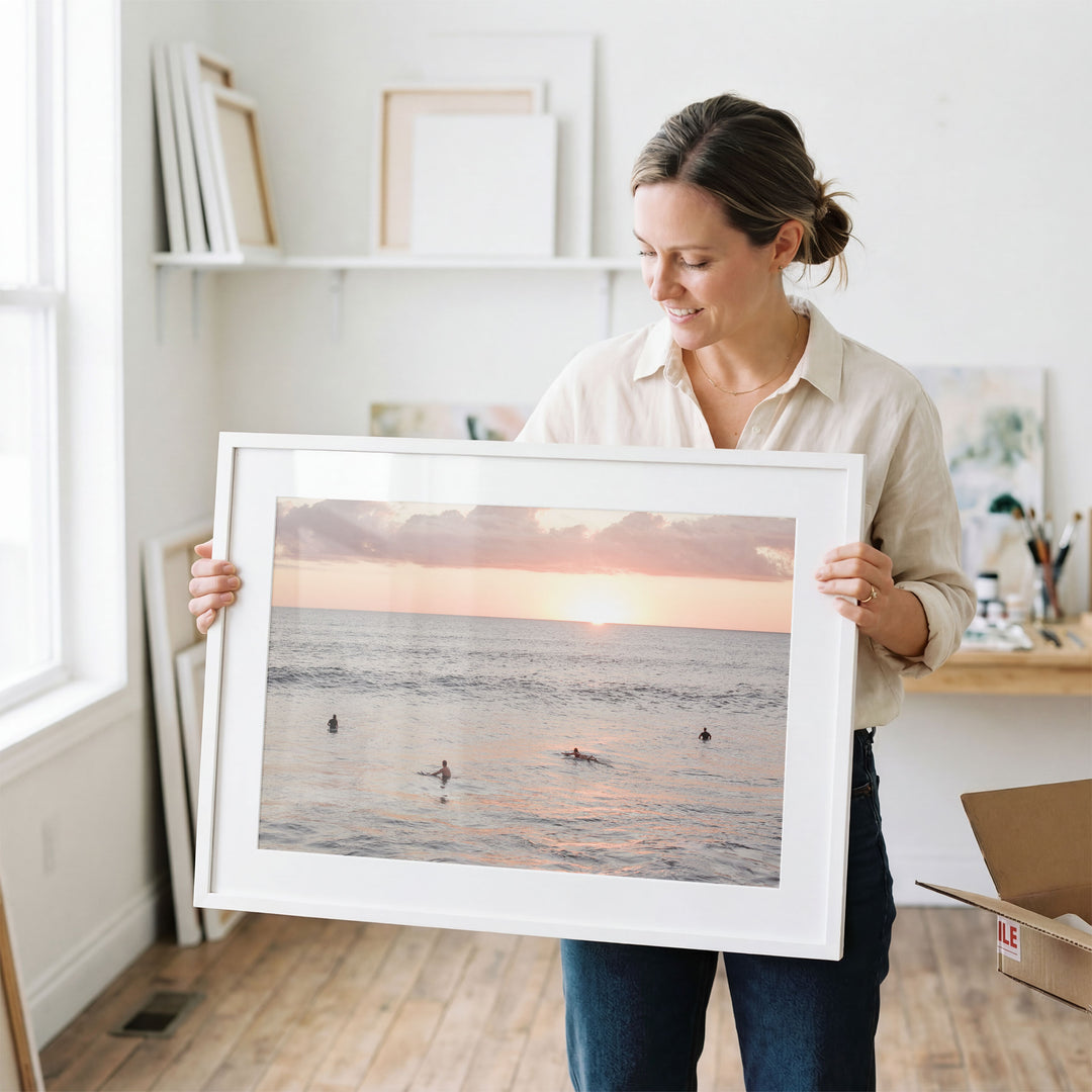 Surfers Waiting at Sunset, Costa Rica wall art in a contemporary home