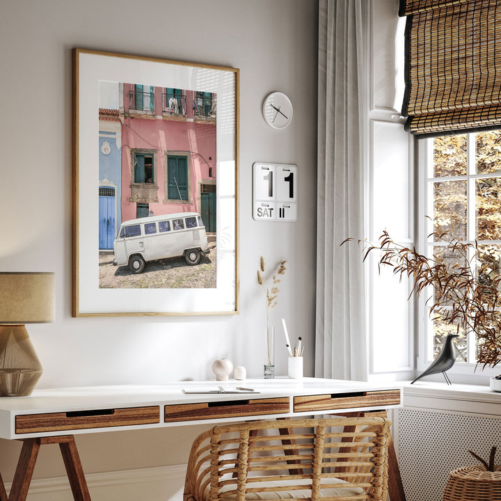 White Kombi Van, Pelourinho, Salvador, Brazil framed print hanging in a styled interior