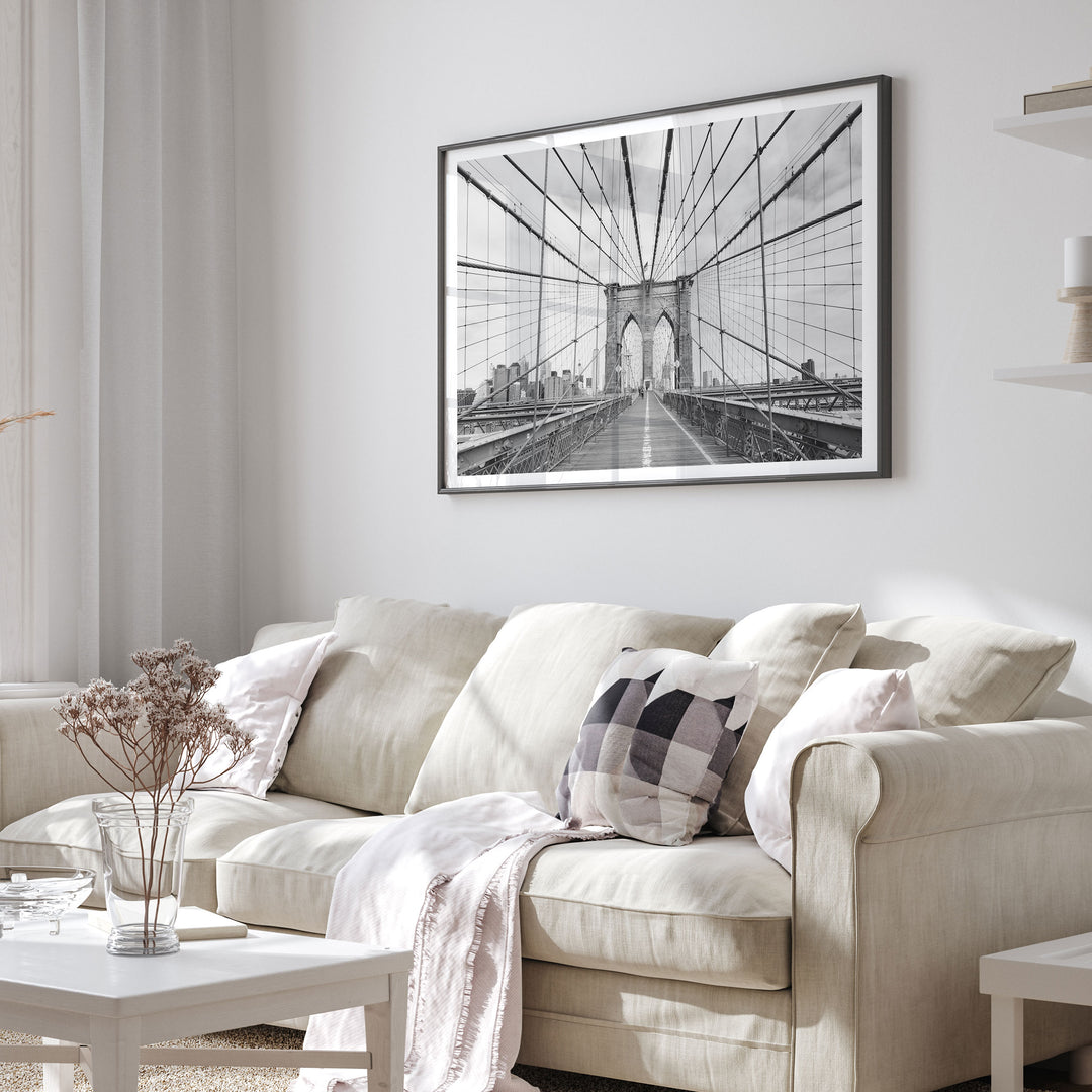 Brooklyn Bridge Walkway, New York City – B&amp;W framed print in a living room setting