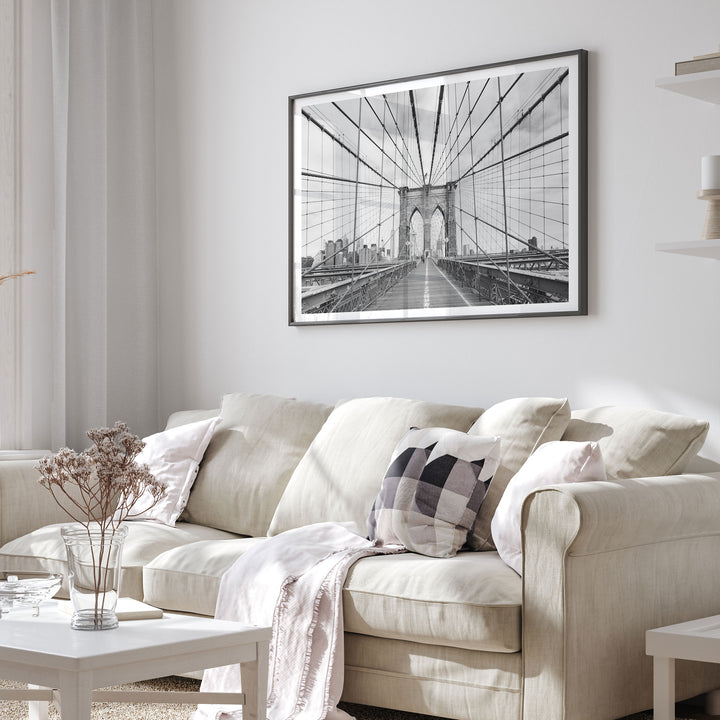 Brooklyn Bridge Walkway, New York City – B&amp;W framed print in a living room setting