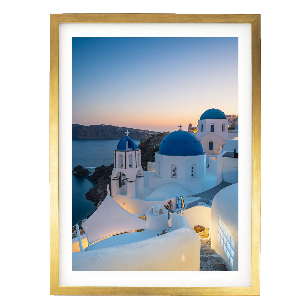 Iconic Santorini III, Oia, Greece print in a gold frame with white mat