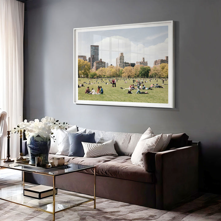 Sheep Meadow, Central Park, New York City print displayed in a bedroom setting
