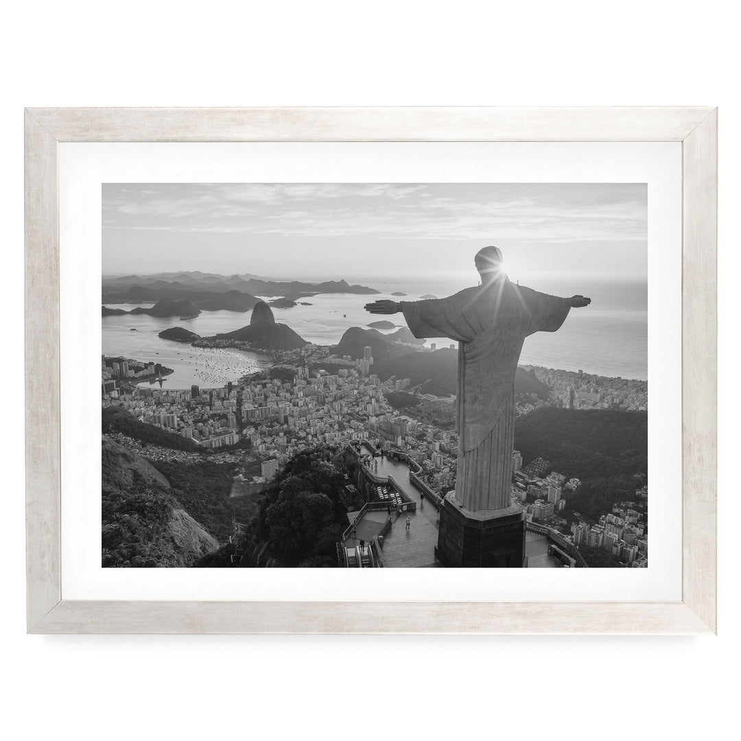 Christ the Redeemer, Rio de Janeiro, Brazil – B&amp;W print in a silver frame with white mat