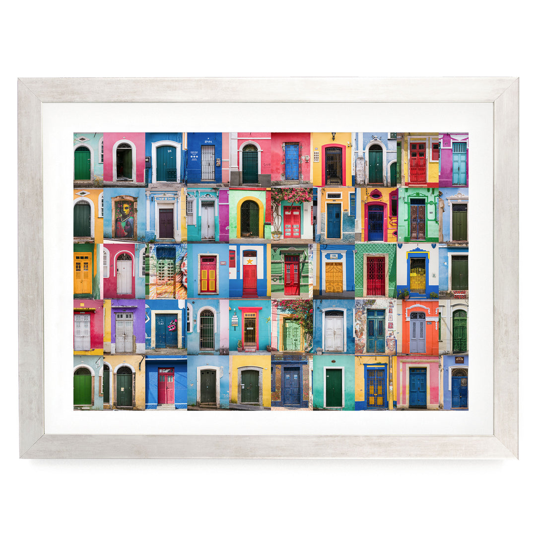 Colorful Doors of Brazil IV print in a silver frame with white mat