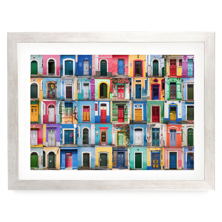 Colorful Doors of Brazil IV print in a silver frame with white mat