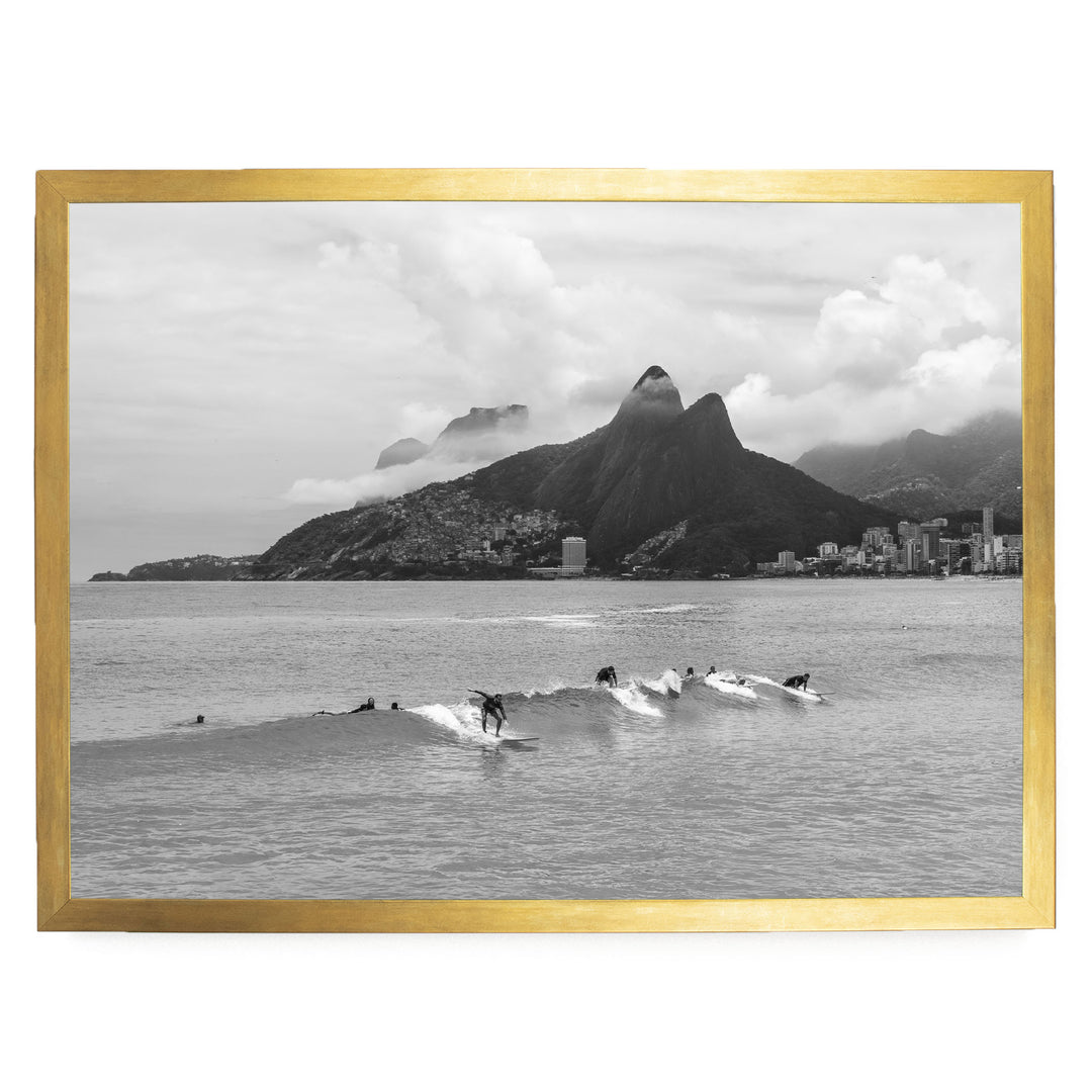 Surfers at Ipanema, Rio de Janeiro, Brazil – B&amp;W print in a gold frame without mat