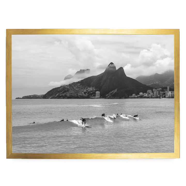 Surfers at Ipanema, Rio de Janeiro, Brazil – B&amp;W print in a gold frame without mat