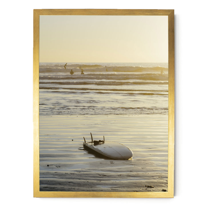 Surfboard at Sunset, Costa Rica print in a gold frame without mat
