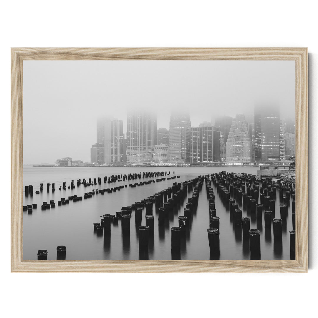 Foggy Manhattan Skyline, New York City – B&amp;W print in a natural wood frame without mat
