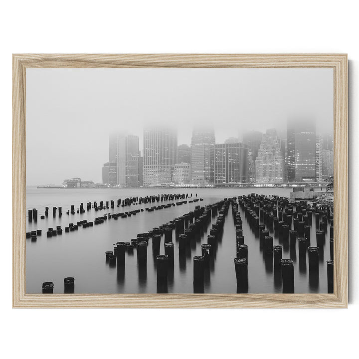 Foggy Manhattan Skyline, New York City – B&amp;W print in a natural wood frame without mat