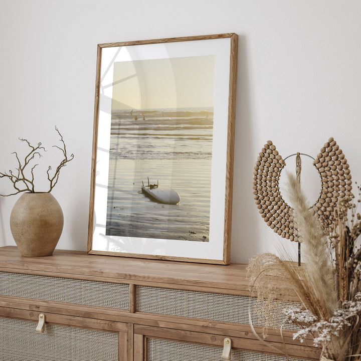 Surfboard at Sunset, Costa Rica framed print styled on the wall