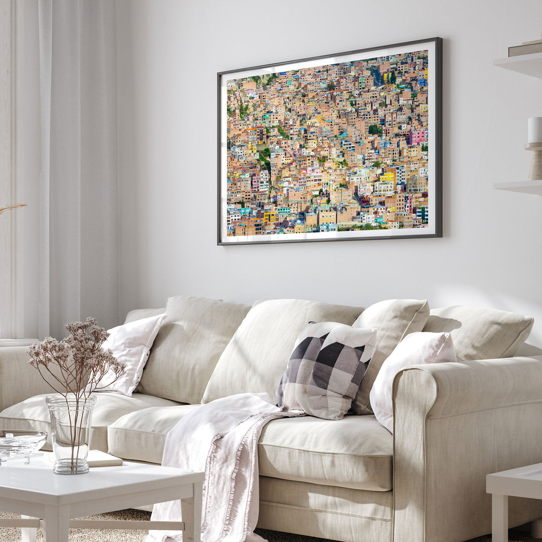 Colorful Houses of La Paz, Bolivia framed print hanging in a styled interior