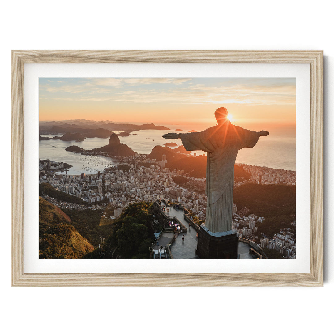 Christ the Redeemer at Sunrise, Rio de Janeiro, Brazil fine art print in a natural wood frame with white mat