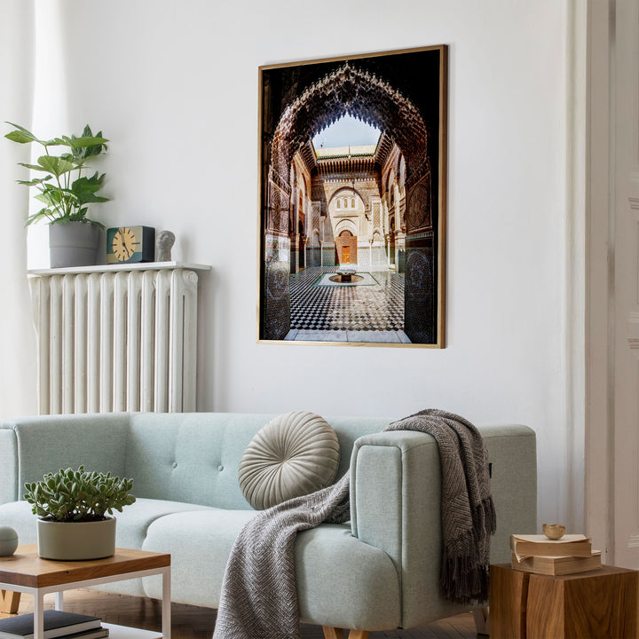 Ornate Madrasa Archway, Fes, Morocco wall art mockup in an interior