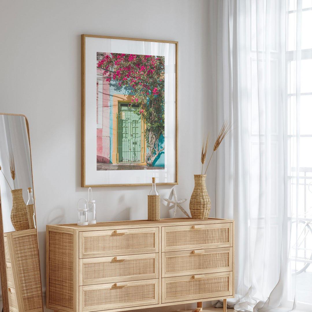 Bougainvillea and Green Door I, Olinda, Brazil wall art in a contemporary home