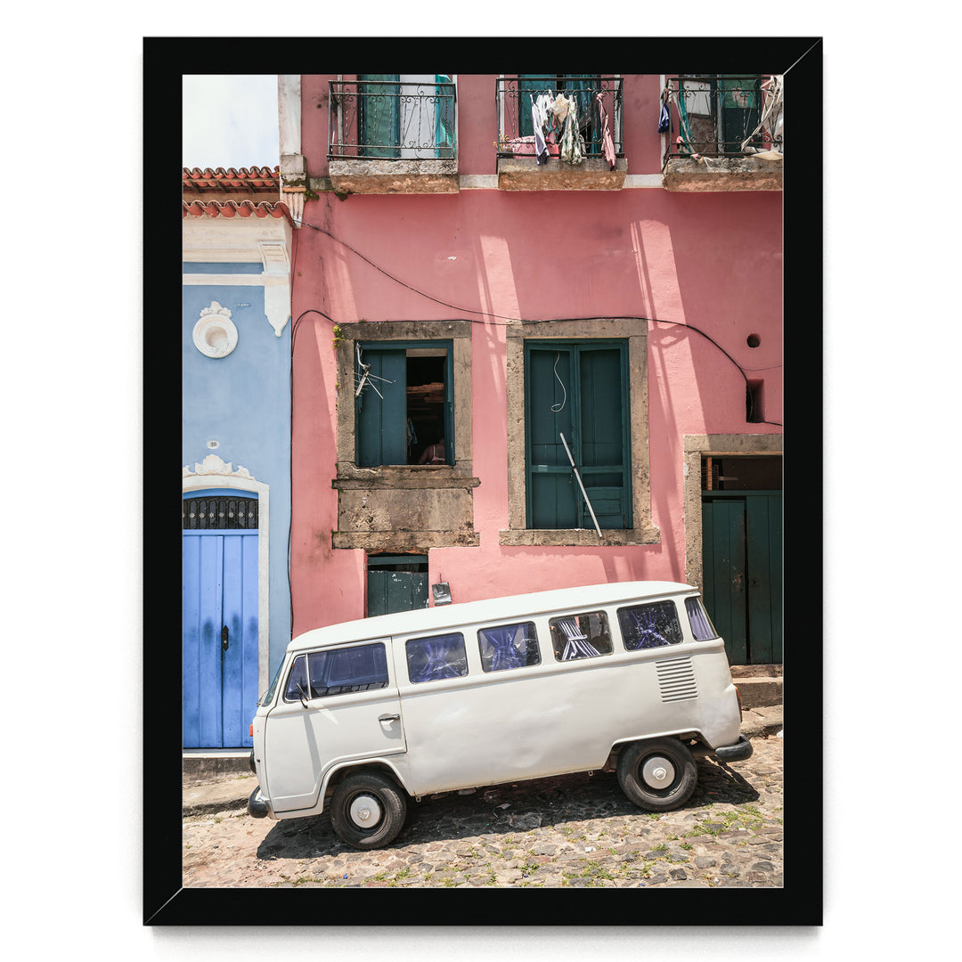 White Kombi Van, Pelourinho, Salvador, Brazil print in a black frame without mat