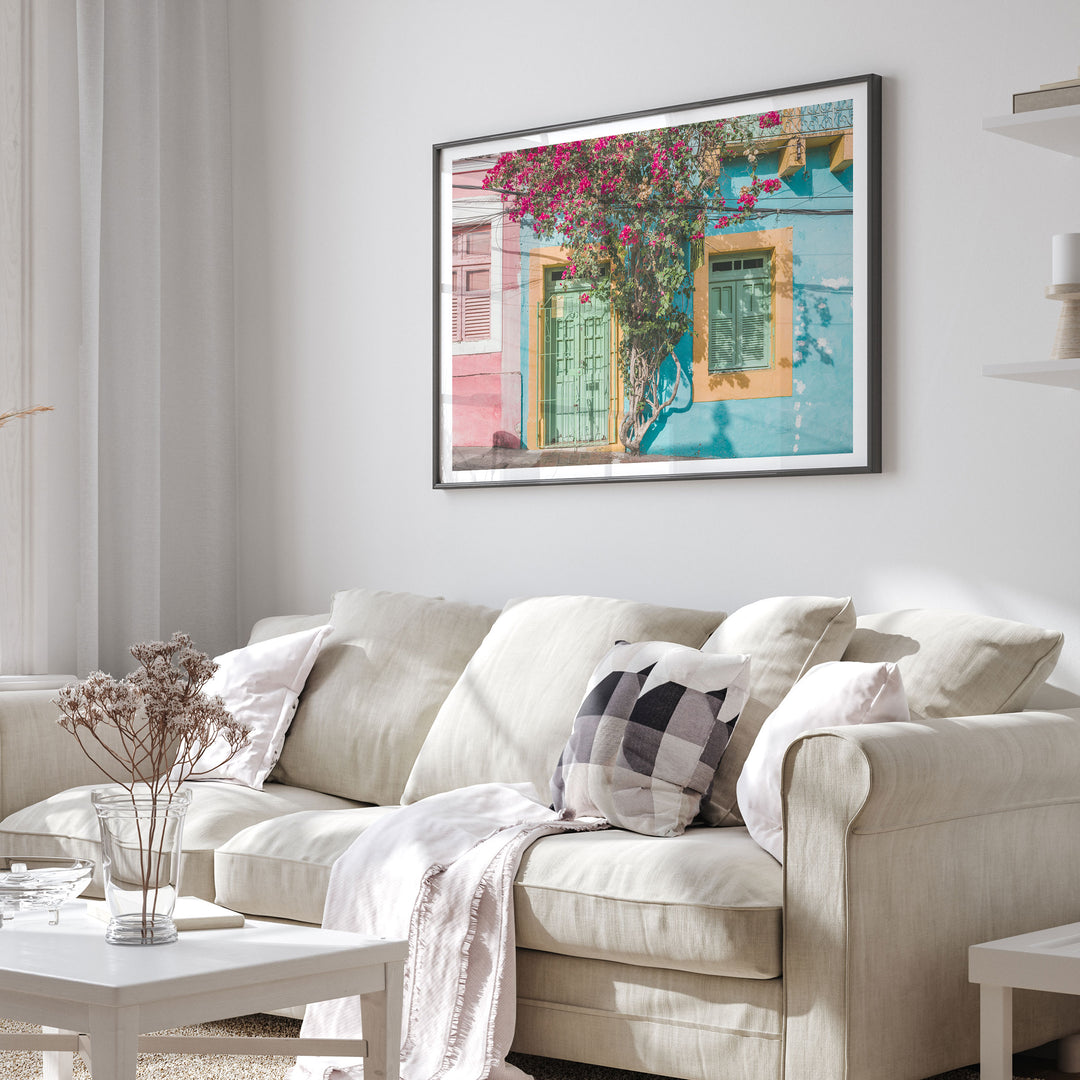 Bougainvillea and Green Door II, Olinda, Brazil framed print in a living room setting