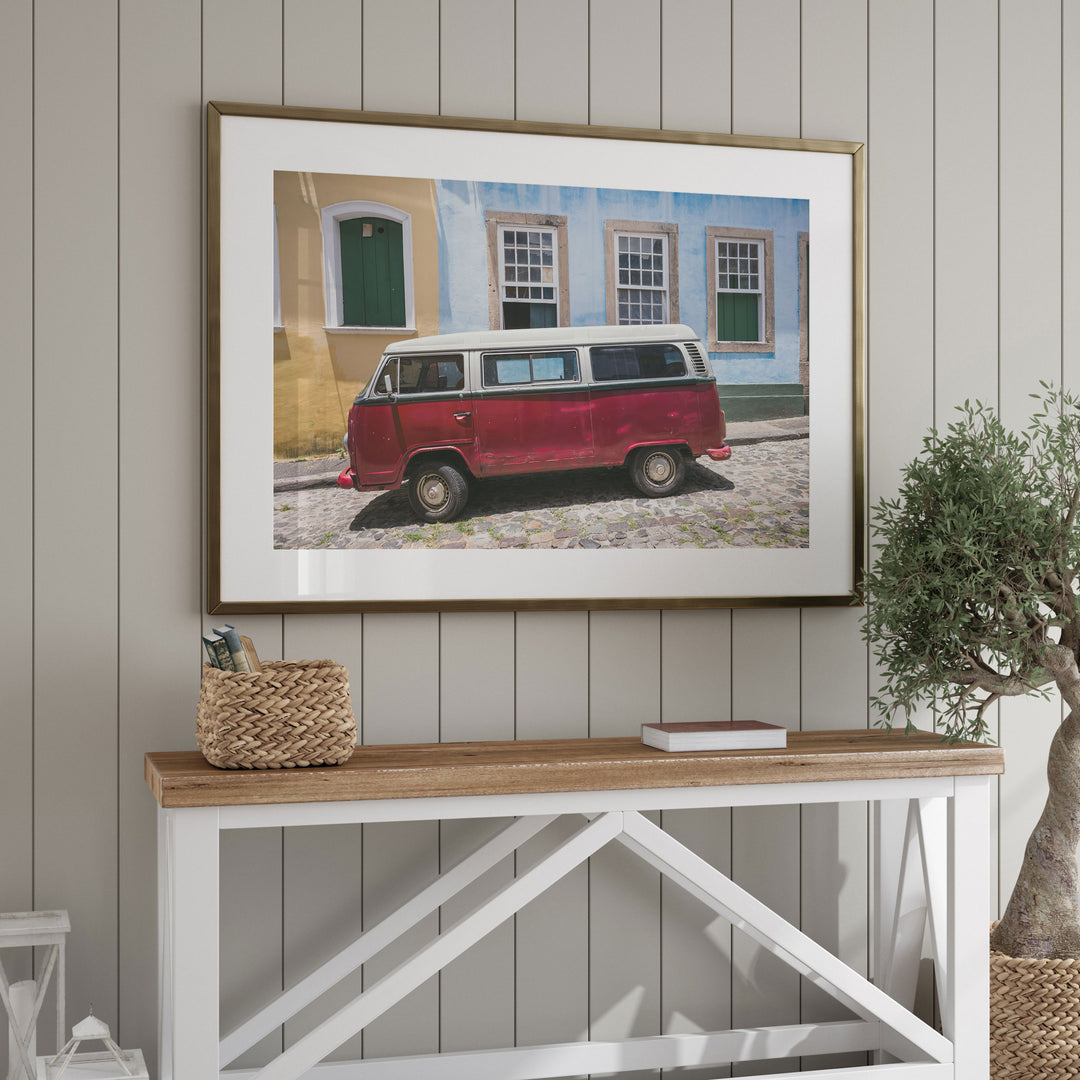 Red Kombi Van, Pelourinho, Salvador, Brazil framed wall art in a home interior