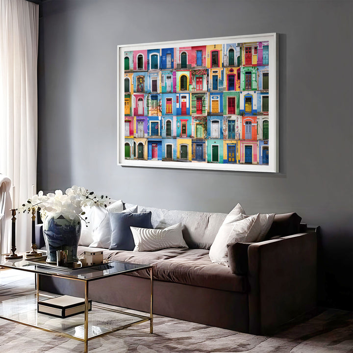 Colorful Doors of Brazil IV print displayed in a bedroom setting