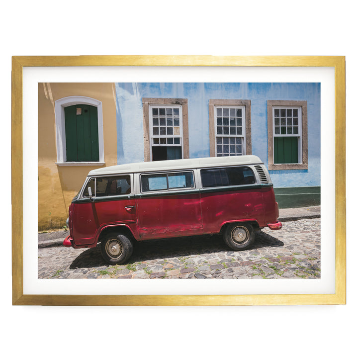 Red Kombi Van, Pelourinho, Salvador, Brazil print in a gold frame with white mat