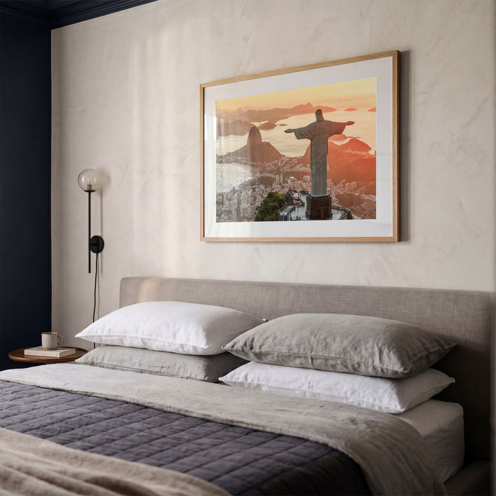Christ the Redeemer at Golden Hour, Rio de Janeiro, Brazil framed print styled on the wall