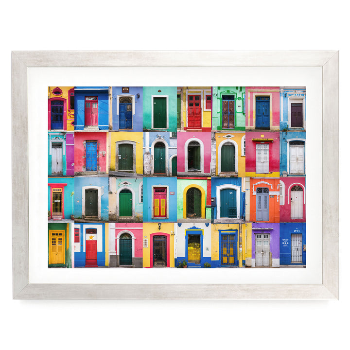 Colorful Doors of Brazil II print in a silver frame with white mat