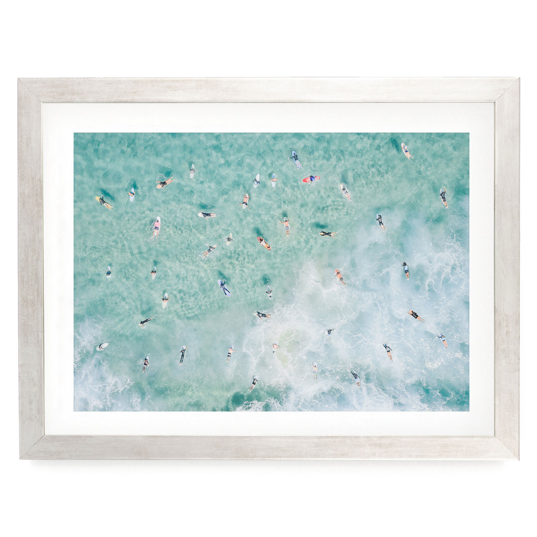 Bondi Beach surfers print in a silver frame with white mat