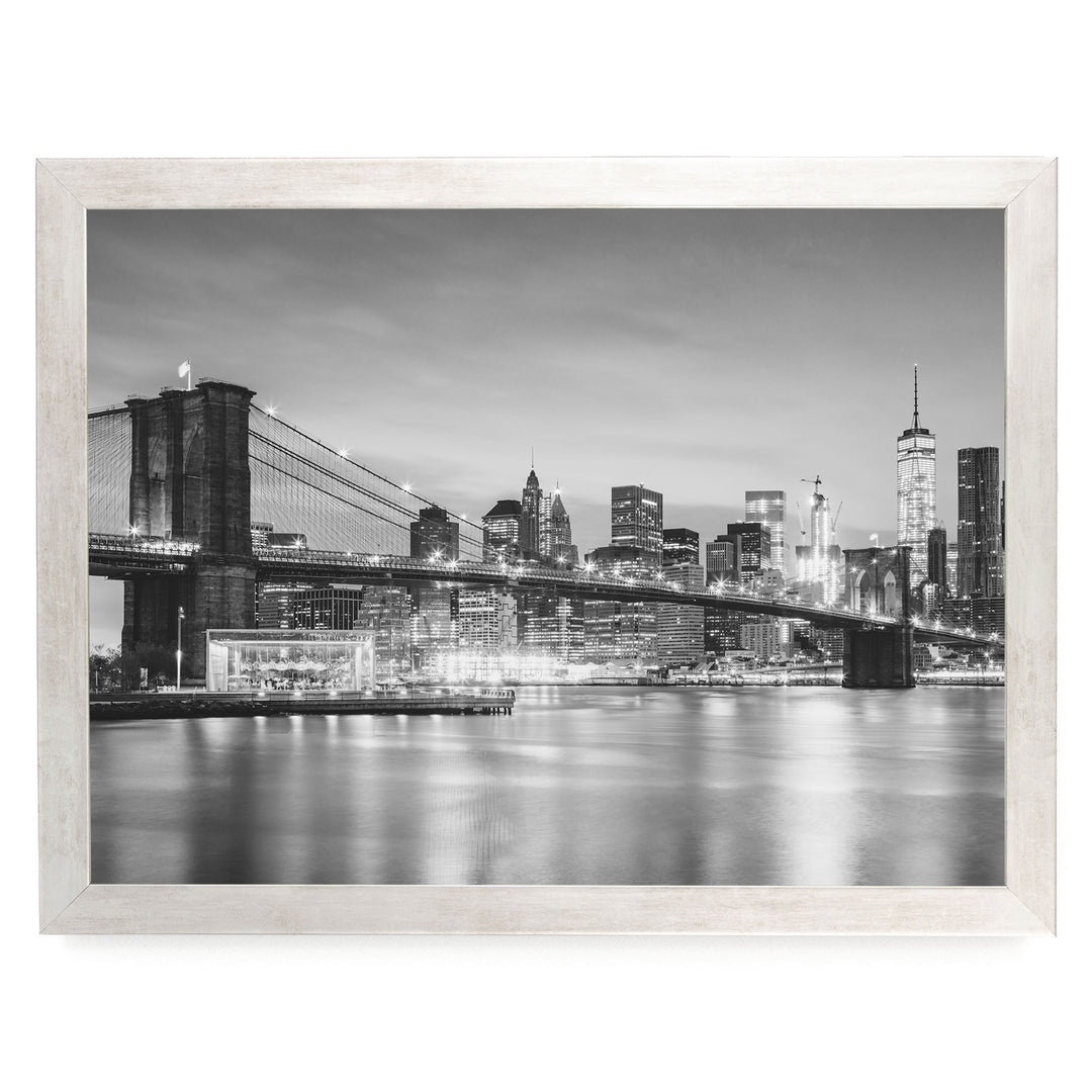 Brooklyn Bridge and Skyline at Dusk, New York City – B&amp;W print in a silver frame without mat