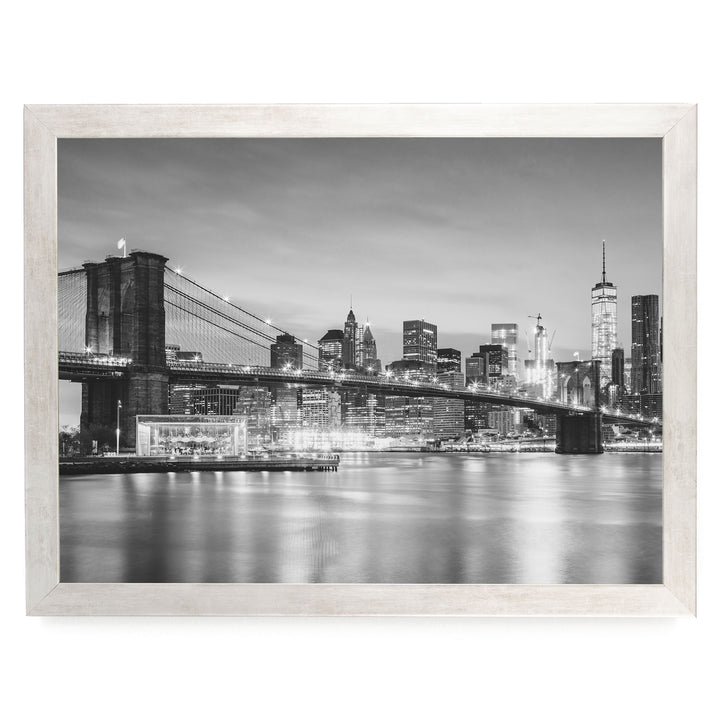Brooklyn Bridge and Skyline at Dusk, New York City – B&amp;W print in a silver frame without mat
