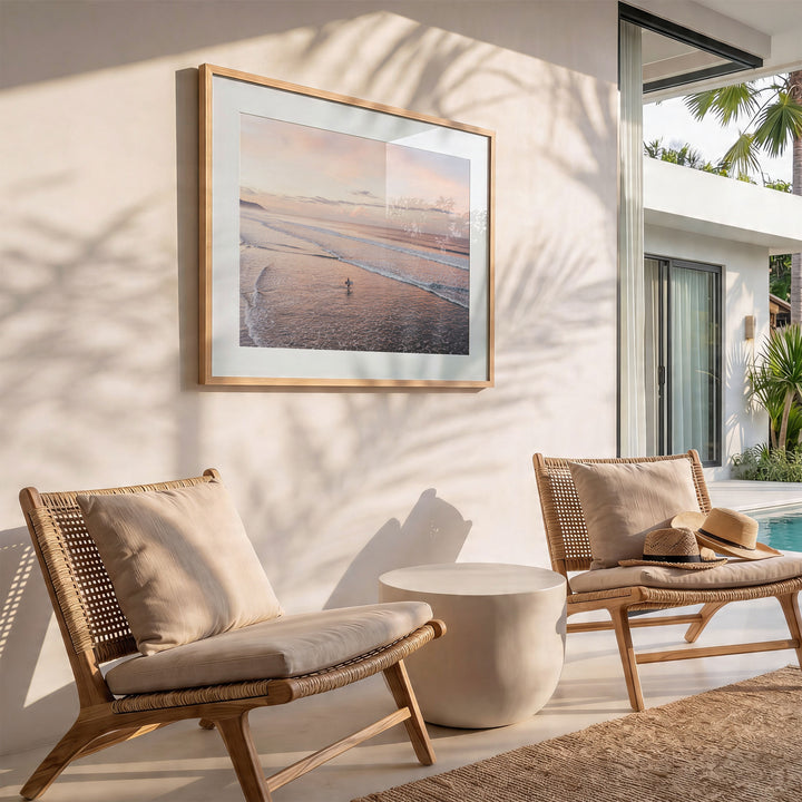 Lone Surfer on a Pink Beach II, Costa Rica wall art in a modern interior