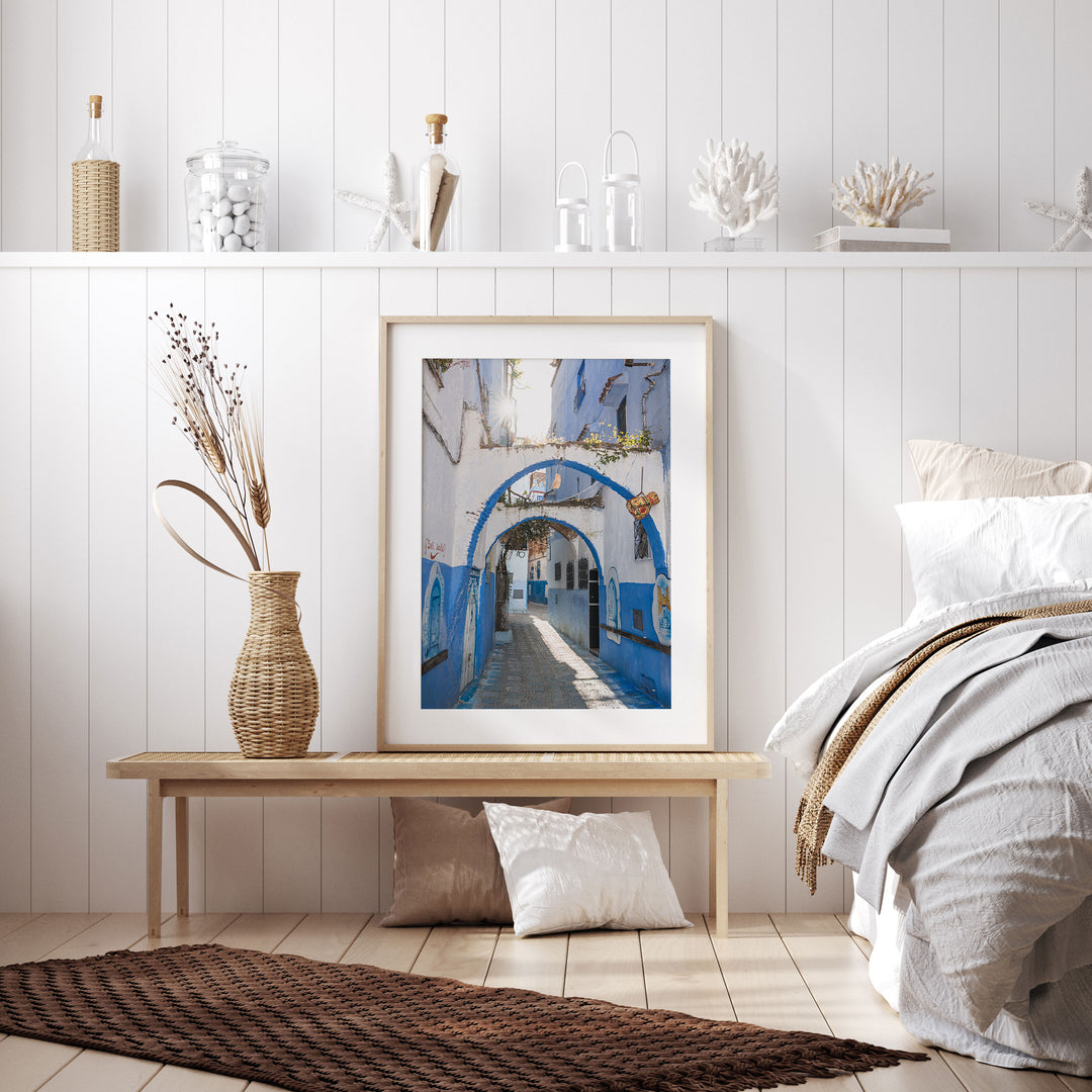 Blue Archways, Chefchaouen, Morocco framed wall art in a home interior