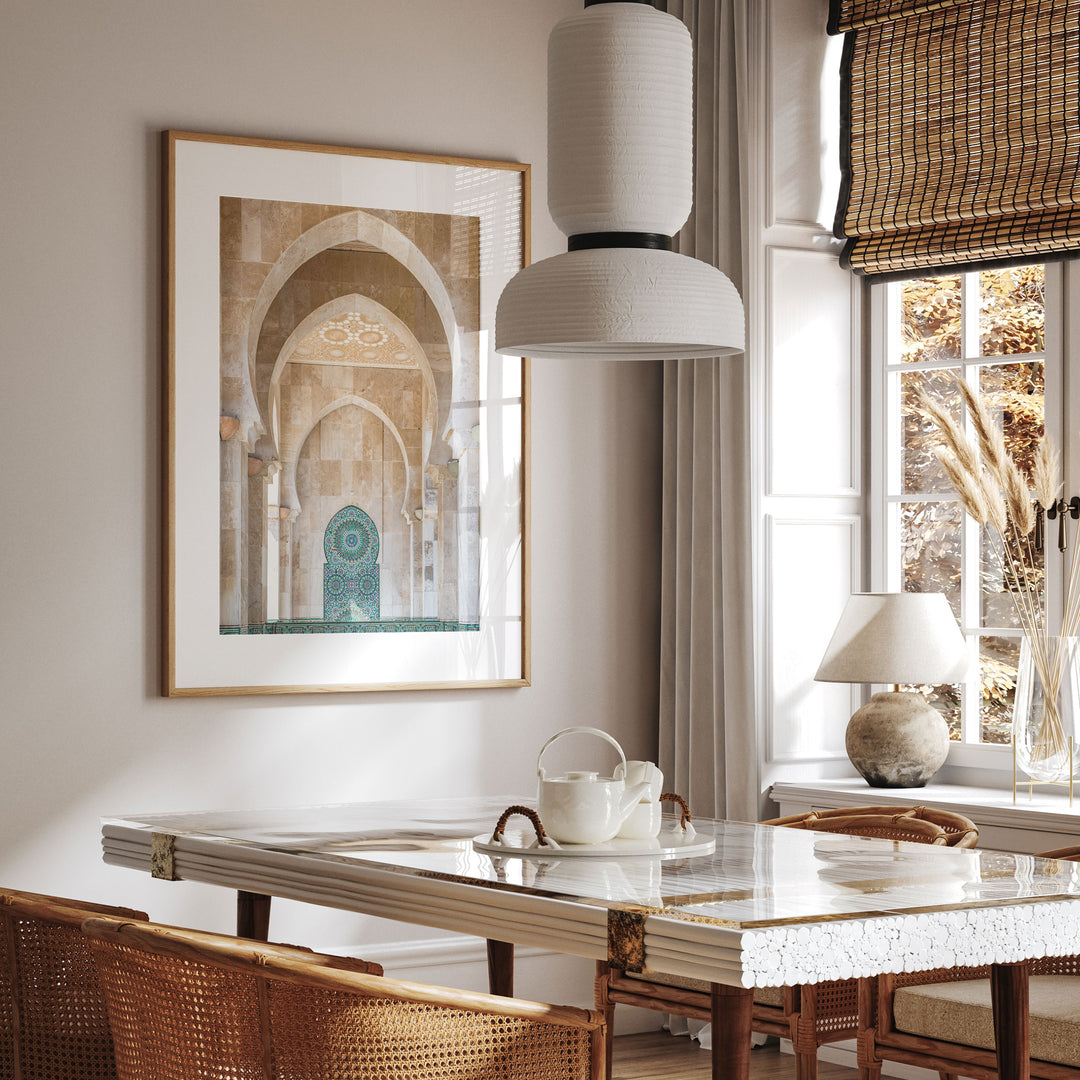 Mosaic Archway, Hassan II Mosque, Casablanca framed print in a living room setting