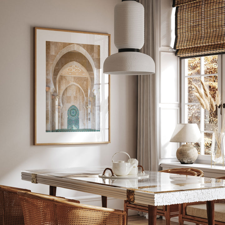 Mosaic Archway, Hassan II Mosque, Casablanca framed print in a living room setting